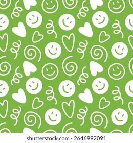 Bright seamless vector pattern with white hand-drawn spirals, hearts, and smileys on a vivid green background. Playful, energetic, and modern design