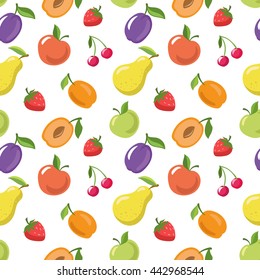 Bright seamless vector summer pattern with fruits. Apricot, plum, cherry, apple, pear.