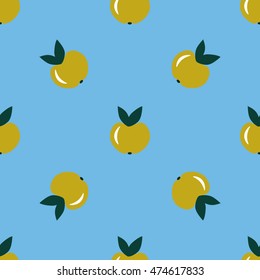Bright seamless vector texture with ripe yellow apples, blue background