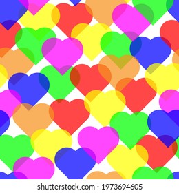 Bright seamless wallpaper background of overlapping gay pride rainbow translucent love hearts