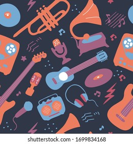 Bright seamless wallpaper. Musical texture for print and digital. Blue, pink, lilac colors. Vector