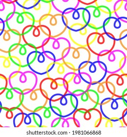 Bright seamless wallpaper of overlapping loop gay pride rainbow love hearts on white background