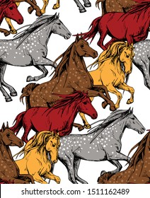 Bright Seamless wallpaper pattern. The running beautiful red, brown, gray and yellow horses on a white background. Textile composition, hand drawn style print. Vector illustration.