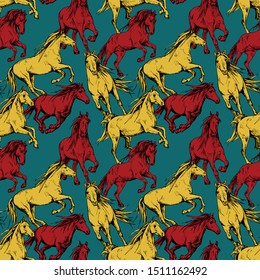 Bright Seamless wallpaper pattern. The running beautiful red and yellow horses on a blue-green background. Textile composition, hand drawn style print. Vector illustration.