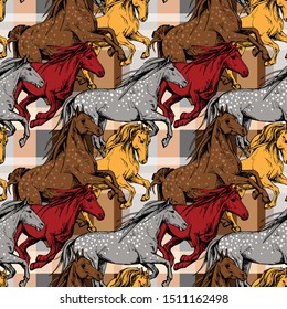 Bright Seamless wallpaper pattern. The running beautiful red, brown, gray and yellow horses on a checkered background. Textile composition, hand drawn style print. Vector illustration.