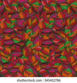 Bright seamless wavy pattern. Summer background. Red and orange colors. Abstract wallpaper with leaves. Colorful waves texture. Vector illustration. 