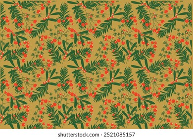 Bright seamless winter pattern with fir tree branch and red berries. Hand drawn vector design on gold background.