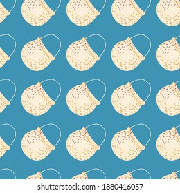 Bright seamless wizard pattern with magic cauldron ornament in light yellow color. Blue background. Decorative print for fabric design, textile print, wrapping, cover. Vector illustration
