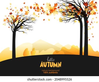 Bright seasonal background with maple autumn maple leaves. Silhouette of tree trunks and falling leaves. Space for text