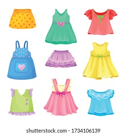 Bright Seasonal Clothes for Girls with Sleeveless Dress and Flared Skirt Vector Set