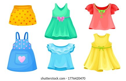 Bright Seasonal Clothes for Girls with Sleeveless Dress and Flared Skirt Vector Set