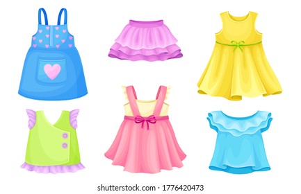 Bright Seasonal Clothes for Girls with Sleeveless Dress and Flared Skirt Vector Set