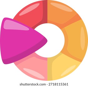 Un círculo brillante y segmentado en colores cálidos (rojo, naranja, amarillo, rosa) con una superposición de flecha rosa brillante, que indica el movimiento o un siguiente paso.