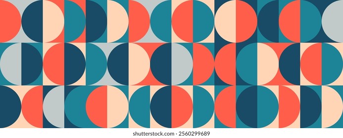 Bright semi circle seamless pattern. Abstract geometric mid century background. Colorful Swiss modernist or postmodernist style wallpaper. Vector modular repeating overlay. Colorful mural backdrop