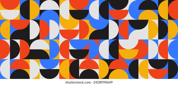 Bright semicircle seamless pattern. Abstract geometric half circle and square background. Colorful Swiss modernist or postmodernist style wallpaper. Vector red, blue, black modular repeating backdrop