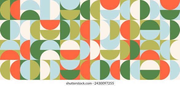 Helles halbkreisförmiges nahtloses Muster. Abstrakter geometrischer Halbkreis und quadratischer Hintergrund. Farbe Schweizer Moderne oder Postmoderne Stil Tapeten. Vektor orange, blau, grün modulare Wiederholungshintergrund