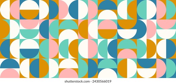 Brillante semicírculo sin patrón. Medio círculo geométrico abstracto y fondo cuadrado repetitivo. Color modernismo suizo o papel pintado estilo postmodernismo. Vector rosa, dorado, verde fondo modular