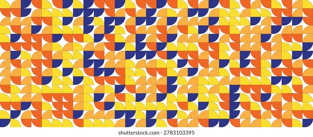Bright semicircle seamless pattern. Abstract geometric half circle and square background. Colorful Swiss modernist or postmodernist style wallpaper. Vector