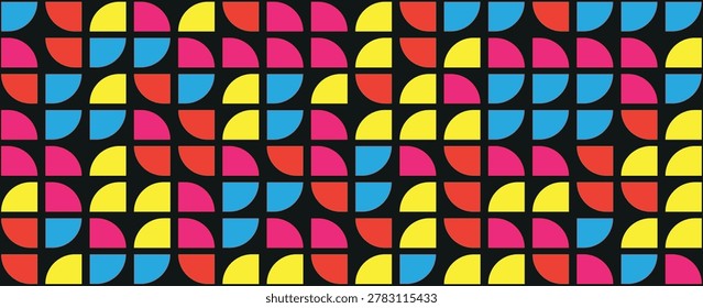 Bright semicircle seamless pattern. Abstract geometric half circle and square background. Colorful Swiss modernist or postmodernist style wallpaper. modern