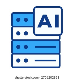Ícone de servidor brilhante com chip de IA para tarefas de máquina, automação e temas de computação avançada.