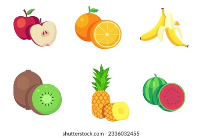 Conjunto luminoso de 6 frutos vectoriales: manzana, naranja, banana, kiwi, sandía y piña.