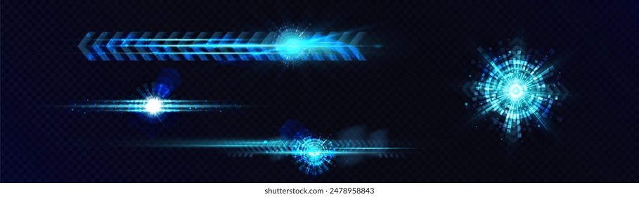 Conjunto brillante de efectos abstractos de luz azul PNG. Brillantes destellos futuristas de resplandor azul con flechas brillantes y explosiones de resplandor. Vector gráfico para Diseño web