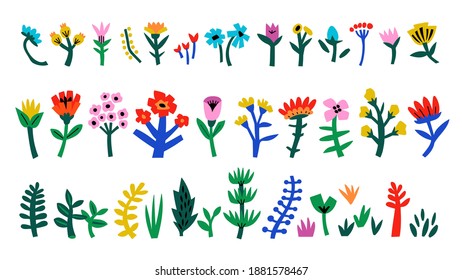 Bright set of abstract floral elements on a white background. Isolated flowers for trending design. A collection of bold geometric flowers and branches in a collage style. Stock vector illustration.