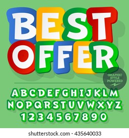 Bright set of alphabet letters, numbers and punctuation symbols. Vector banner with text Best offer