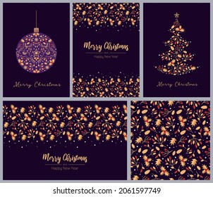 Bright set artistic template Merry Christmas. Winter Christmas ball, tree, deer, stars, berries, holly. In gold, red and purple festive colors. Vintage style. For posters, cards, flyer.