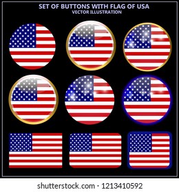 Bright set of banners with flag of America. Happy America day illustration. Colorful illustration with flag of America for web design and advertising. Vector illustration with black background.