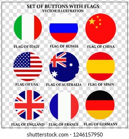 Bright set of banners with flags. Colorful illustration with flags of the world for web design. Vector illustration with transparent background.