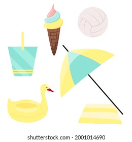 Bright set of beach objects elements. Summer collection of items for vacation. Ice cream cone, volleyball, baby bucket, swim ring, sunshade and towel. Things for a sea holiday. Colored simple cartoon