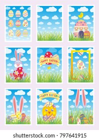 Bright set of beautiful Easter cards.  Vector  cards drawings with rabbit, chicken and eggs to design and posters for holyday.