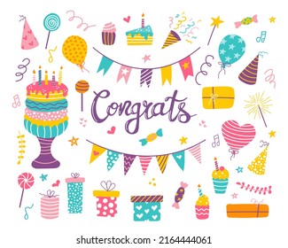 Bright set for birthday party. Collection of festive elements, sweets for postcards, posters and invitations. Vector hand drawn illustration.