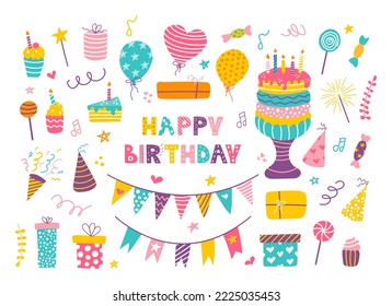 Bright set for birthday party. Collection of festive elements, sweets for postcards, posters and invitations. Vector hand drawn illustration.