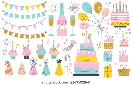 Bright set for birthday party. Collection of festive elements, sweets for postcards, posters and invitations. Birthday celebration. Balloons, cakes with candles, cupcakes, party hats, gifts boxes