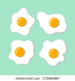 Helle Reihe gebrochener, frittierter Eier mit Schatten auf einzeln grünem Hintergrund. Frühstück für Kinder. Die Farbe kann geändert werden. Flaches Design. Druck auf Stoff, Menü, Papier, Tapete. Vektorgrafik.