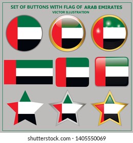 Bright set buttons with flag of Arab Emirates. Illustration with flag for web design. Vector illustration with grey background.