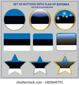 Bright set of buttons with flag of Estonia. Colorful illustration with flag for web design. Buttons with grey background.