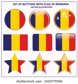 Bright set with buttons with flag of Romania. Happy Romania day buttons. Bright illustration with white background.