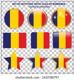 Bright set with buttons with flag of Romania. Happy Romania day buttons. Bright illustration with transparent background.