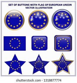 Bright set of buttons with flag of Union European. Bright button with flag. Happy Europe day background. Vector illustration.