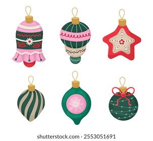 Conjunto brilhante de brinquedos de Ano Novo de desenhos animados para a árvore de Natal, ilustração vetorial