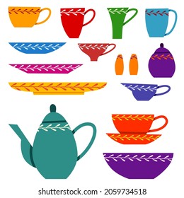 A bright set of ceramic tableware with a pattern. A collection for tea drinking and delicious dishes.