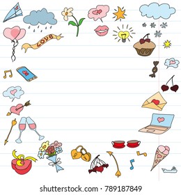 A bright set of children's drawings executed on a school notebook. A vector illustration for Valentine's Day