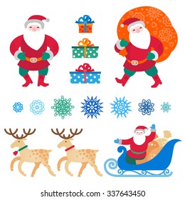 Bright set of Christmas vector elements, winter holidays icons collection. Santa Claus with bag of gifts, Santa Claus in sleigh, snowflakes. Happy New Year's decor for design template.