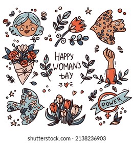 bright set with color elements, flowers, birds and woman hand with clenched fist. Feminism concept design. Girl power symbol.