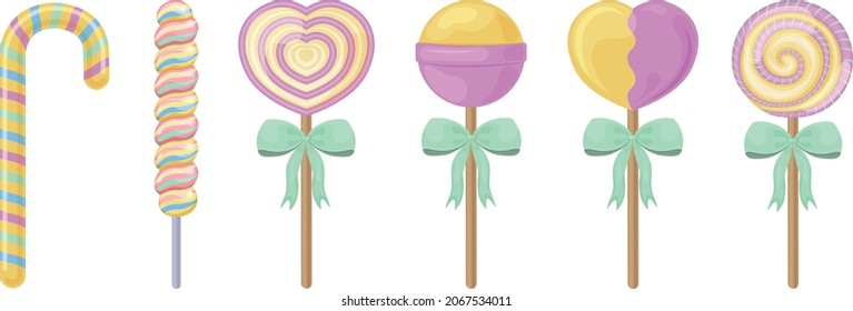 A bright set consisting of colorful candies and candies. Juicy lollipops of various shapes and sizes. Christmas sweets. Holiday candies. Vector illustration