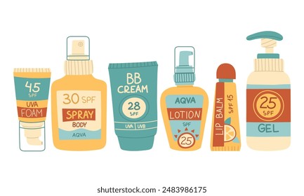 Conjunto brillante de cosméticos con protección SPF. Los Productos están diseñados para nutrir, proteger y realzar su belleza natural. Productos para la cara, cuerpo y labios. Varias botellas de loción cosmética, crema