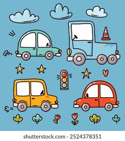 Conjunto brillante con los coches lindos, Ilustración vectorial para el diseño infantil, impresión o postales